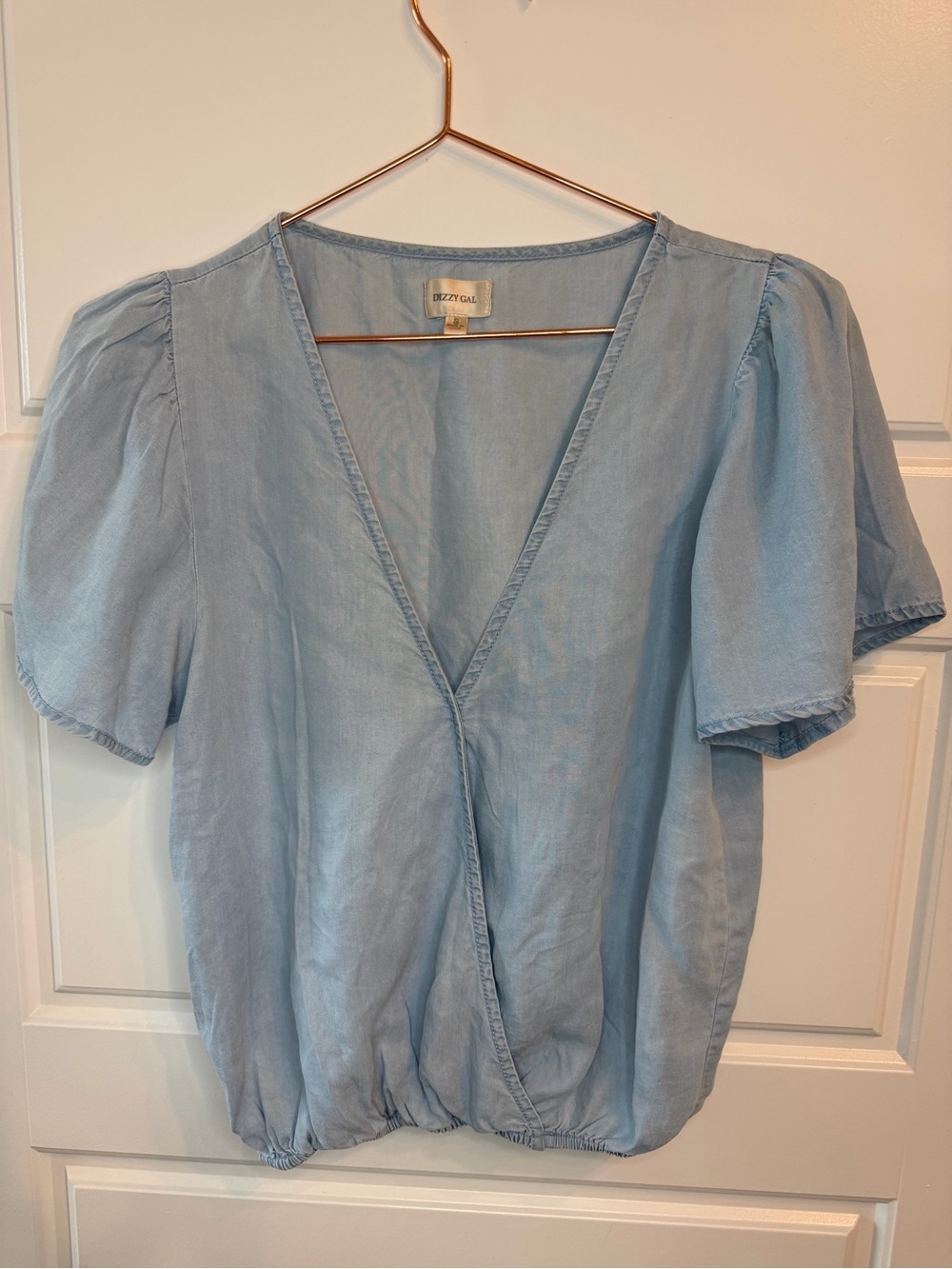 Denim Wrap V-Neck Puff Sleeve Blouse